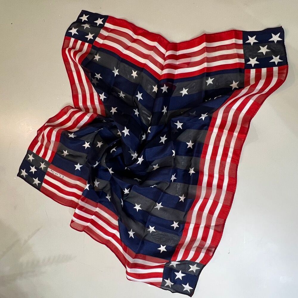 Echo Women's Silk USA American Flag Stars Stripe Square Scarf Blue Red 21x21 NWT
